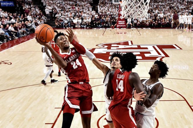 Alabama Crimson Tide forward Brandon Miller (24) shoots against the Texas A&M Aggies during the second half at Reed Arena. Photo | Maria Lysaker-USA TODAY Sports