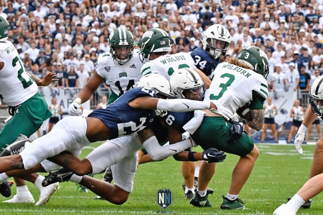 Safety KJ Winston (21 - far left) is expected to take a step forward this fall and become a key member of the Nittany Lions secondary. (Heather Weikel - Happy Valley Insider)