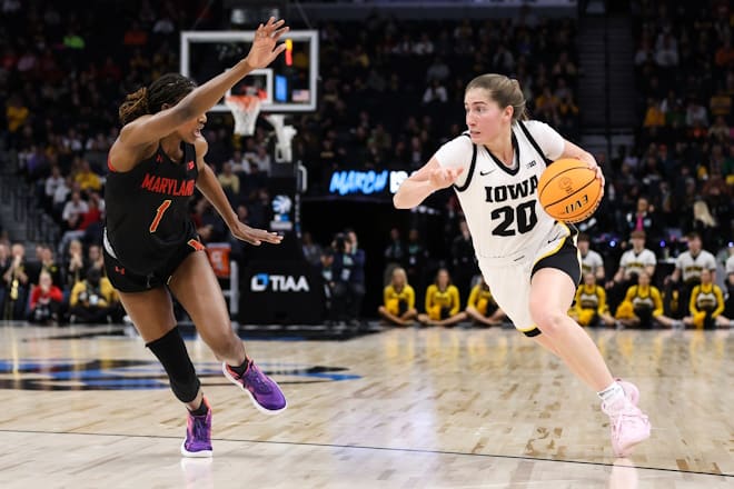 Mar 4, 2023; Minneapolis, MINN, USA; Iowa Hawkeyes guard Kate Martin (20) dribbles while Maryland Terrapins guard Diamond Miller (1) defends during the first half at Target Center.