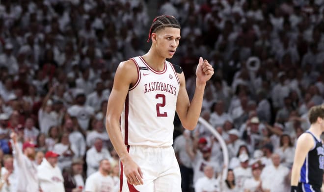 Arkansas forward Trevon Brazile during the win over Duke in the 2023 SEC/ACC Challenge matchup at Bud Walton Arena on Nov. 29, 2023.