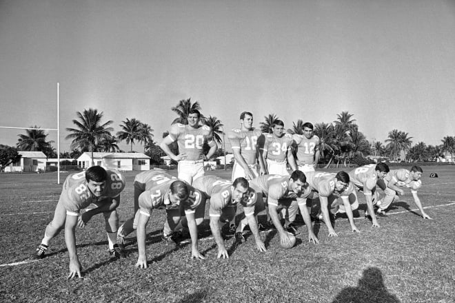 The 1967 Tennessee football team poses for a photo during a practice in Miami, Florida ahead of the 1968 Orange Bowl game against Oklahoma. 