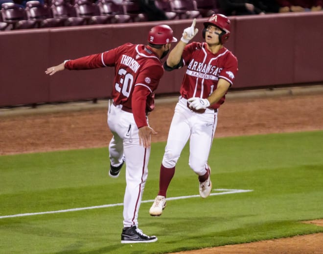 Robert Moore stayed hot with a pair of home runs in Arkansas' win over South Carolina on Thursday.