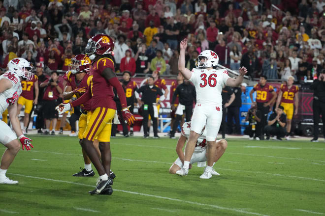 Cole Becker kicks a game-winning 38-yard field goal for Utah in the final seconds to beat USC on Saturday night in the Coliseum.