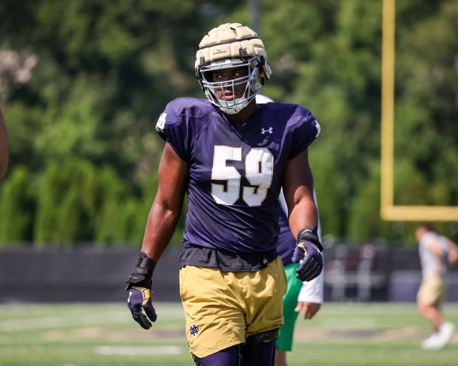 Notre Dame junior Aamil Wagner (59) is competing this spring for a starting offensive tackle spot in the fall. 