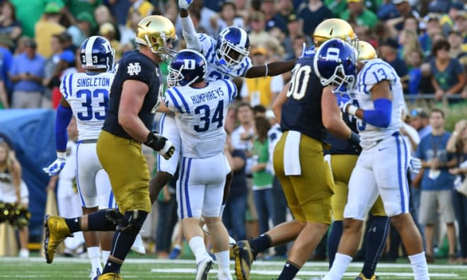 Duke upset Notre Dame 38-35 in 2016 in Notre Dame Stadium, but lost 38-7 last year to the Irish in Durham.