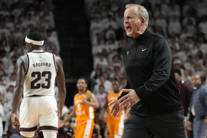 Tennessee head coach Rick Barnes reacts to a call against his team during the first half of an NCAA college basketball game against Texas A&M on Saturday, Feb. 10, 2024, in College Station, Texas. (AP Photo/Sam Craft)