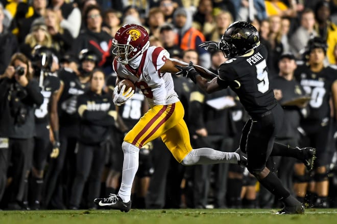 CU's Mark Perry pursues USC's Amon-Ra St. Brown on Oct. 25, 2019
