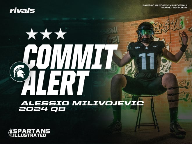 2024 quarterback Alessio Milivojevic commits to Michigan State. (Graphic by Ben Sonday, original photo credited to Alessio Milivojevic/MSU Football)