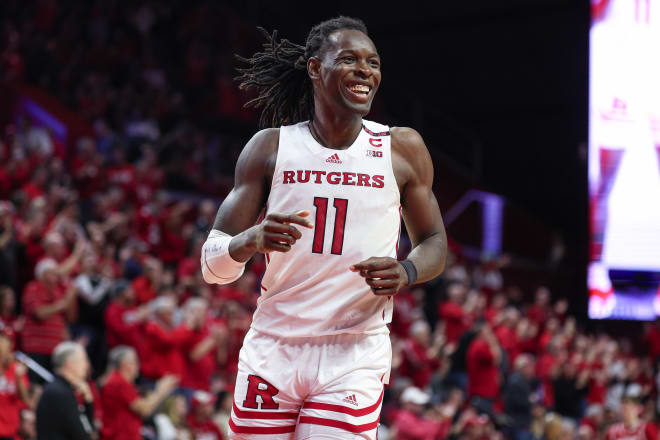 Rutgers Scarlet Knights center Clifford Omoruyi (11) reacts after a block against the Wisconsin Badgers during the second half at Jersey Mike's Arena. Photo | Vincent Carchietta-USA TODAY Sports