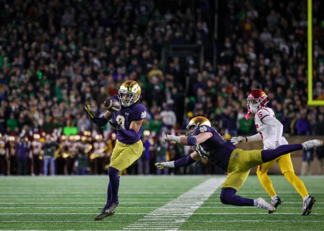 Notre Dame safety Xavier Watts had two interceptions in the first half against USC. Watts has had at least five tackles in four of Notre Dame's eight games this season. 