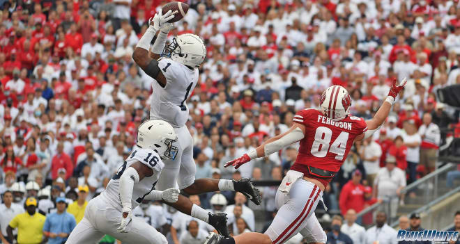 Penn State safety Jaquan Brisker intercepts a pass against Wisconsin in Week 1 of the 2021 season. The Nittany Lions beat the Badgers 16-10. BWI photo/Steve Manuel