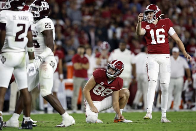 Alabama Crimson Tide place kicker Will Reichard (16) misses a field goal attempt against the Texas A&M Aggies during the second half at Bryant-Denny Stadium. Photo | Butch Dill-USA TODAY Sports