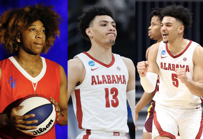 From left to right: Alabama basketball guards JD Davison, Jahvon Quinerly and Jaden Shackelford. Photos | Getty Images