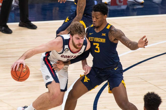 West Virginia's Gabe Osabuohien fouled out during the team's loss to No. 1 Gonzaga on Wednesday.