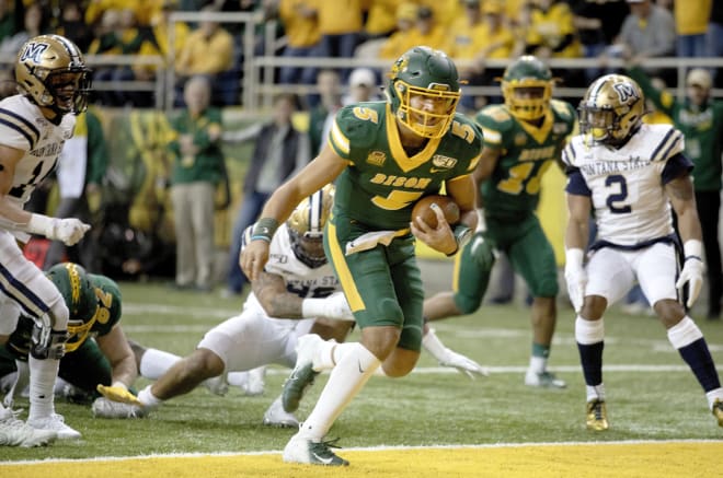 North Dakota State quarterback Trey Lance (5) rushes for a touchdown during the Bison's win over Montana State in the national semifinals of the FCS playoffs last month at the FargoDome in Fargo, N.D.