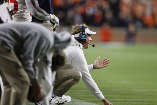Ole Miss Rebels head coach Lane Kiffin reacts after failing to convert a fourth down play against the Auburn Tigers during the third quarter at Jordan-Hare Stadium. Mandatory Credit: John Reed-USA TODAY Sports.
