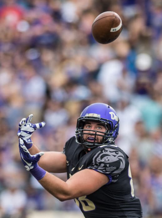 James Madison senior tight end Jonathan Kloosterman (shown last month) "should" return to action this Saturday. 