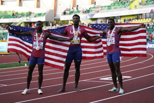 Marvin Bracy (left to right), Fred Kerley and Trayvon Bromell swept the 100 meters at the 2022 World Championships.