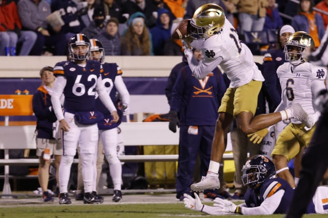 Notre Dame safety Ramon Henderson (11). Intercepts a pass during ND's 28-3 romp over Virginia, Nov. 13, 2021, in Charlottesville, Va.