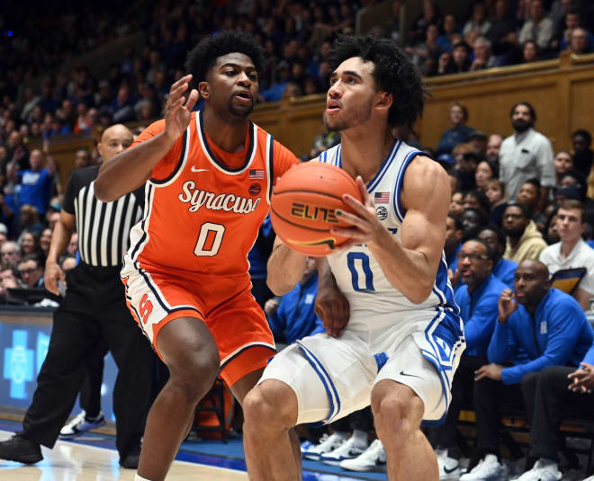 Duke's Jared McCain prepares to go up against Syracuse's Kyle Cuffe Jr. during Tuesday night's game. 