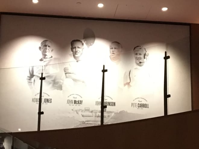 Mural above the entrance to the Lou Galen Club Lounge honoring USC's great coaches.