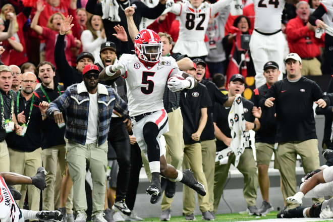 Kelee Ringo returns and interception for a touchdown to clinch the national championship. (Perry McIntyre/UGA Sports Communications)