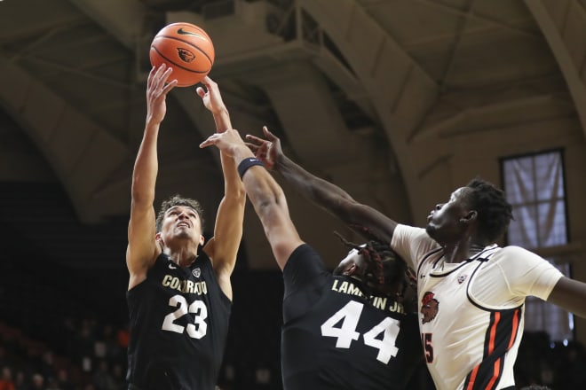 Tristan da Silva going up for a rebound against Oregon State on March. 9