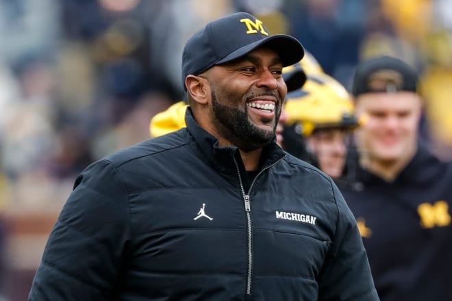 Michigan head coach Sherrone Moore watches warm up during the spring game at Michigan Stadium in Ann Arbor on Saturday, April 20, 2024. © Junfu Han / USA TODAY NETWORK