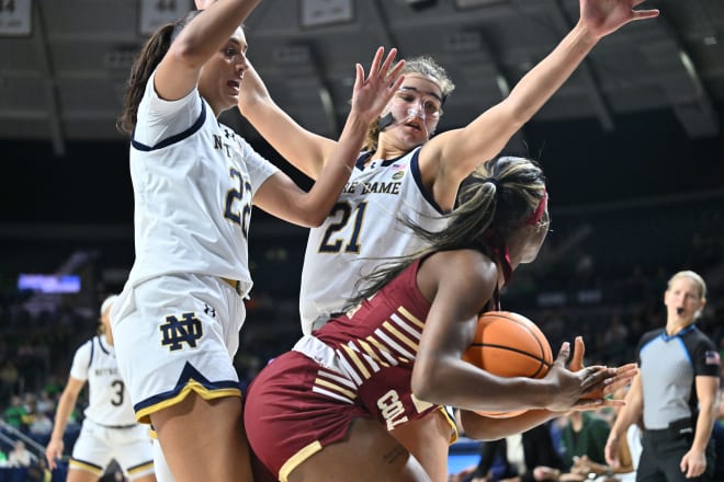 Notre Dame forwards Kylee Watson (22) and Maddy Westbeld (21) trap Boston College's Dontavia Waggoner during an Irish rout of BC on Thursday night.