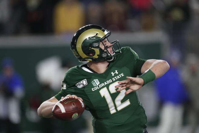 Colorado State Rams quarterback Patrick O'Brien (12) in the second half of an NCAA football game Saturday, Nov. 16, 2019 in Fort Collins, Colo. Air Force won 38-21. 