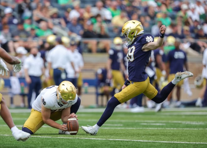 Notre Dame kicker Blake Grupe (99) struggled with his accuracy throughout spring, including in the April 23 Blue-Gold Game