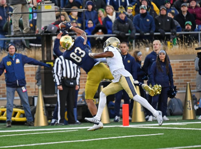 Notre Dame wide receiver Chase Claypool making an acrobatic catch against Navy (Photos by Andris Visockis)