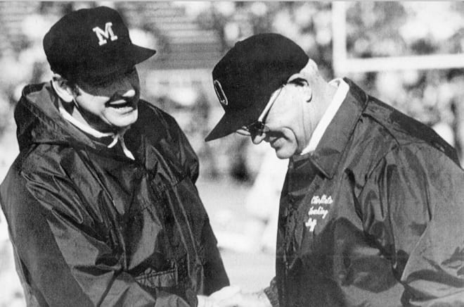 Bo Schembechler (left) held a 5-4-1 record against Ohio State's Woody Hayes during The Ten-Year War (1969-1978).