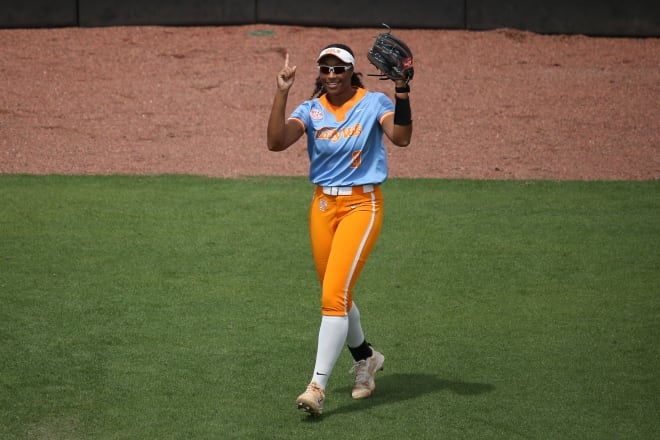 Tennessee softball outfielder Kiki Milloy (9) at Sherri Parker Lee Stadium in Knoxville, TN on May 4, 2024.