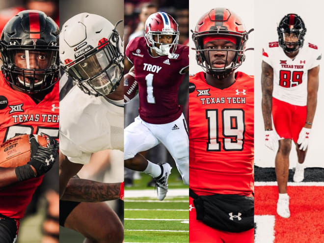 From L to R: Texas Tech wideouts Trey Cleveland, J.J. Sparkman, Kaylon Geiger, Loic Fouonji and Jerand Bradley (Photos by Texas Tech Athletics and Troy Athletics)