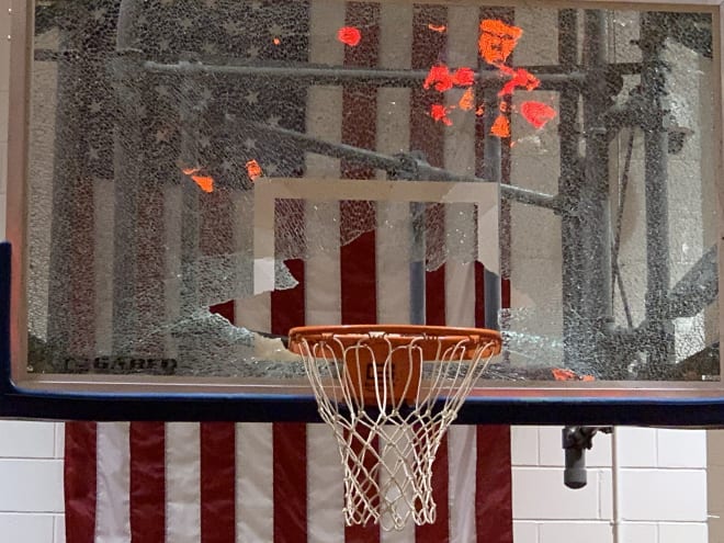 The St. Francis Prep rim after Chris Bliss attempted a dunk in transition