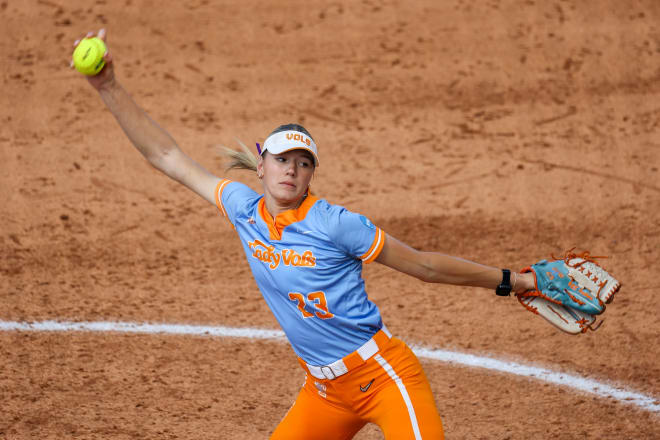 Tennessee Lady Vols starting pitcher/relief pitcher Karlyn Pickens (23) pitches against the Virginia Cavaliers at Sherri Parker Lee Stadium in Knoxville, TN on Sunday, May 19, 2024.