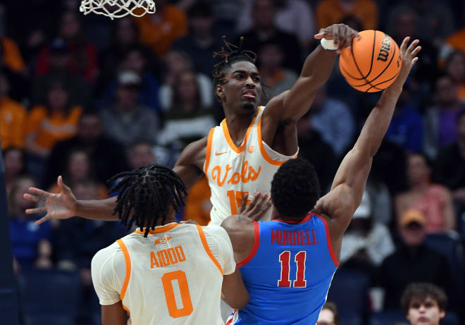 Tennessee guard Jahmai Mashack (15) blocks Ole Miss' guard Matthew Murrell's shot in the Vols' 70-55 win over the Rebels on Thursday.