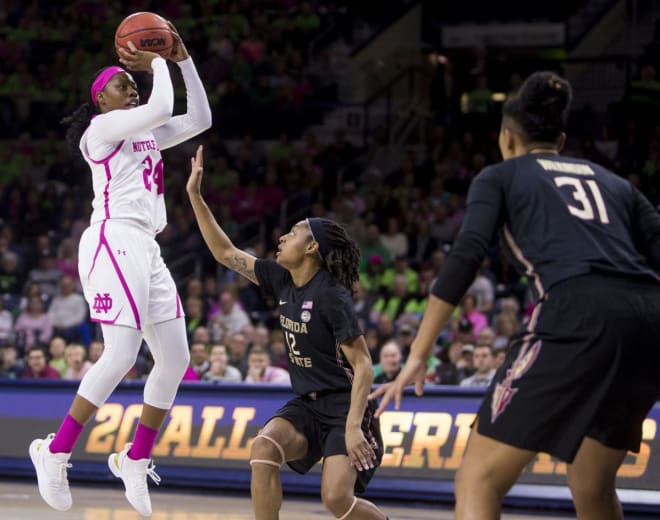 Arike Ogunbowale tallied 27 points to go with nine rebounds and five assists in the 97-70 win versus No. 24 Florida State.