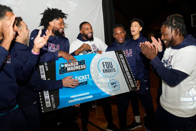 Members of the Fairleigh Dickinson University Basketball celebrate after learning they will play Texas Southern in the NCAA Basketball Tournament. Sunday, March 12, 2023; Teaneck, New Jersey, United States; Fdu Watchparty