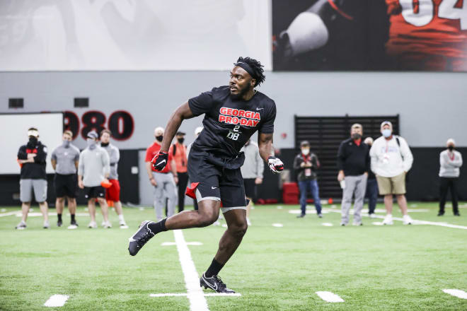 Safety Richard LeCounte goes through a positional drill at pro day. (Tony Walsh/UGA Sports Communications)