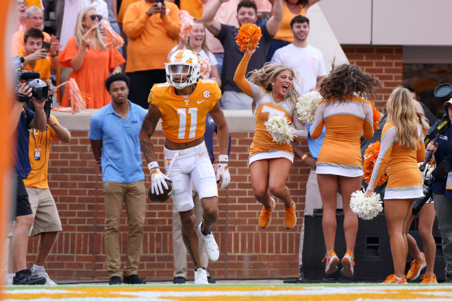 Jaylin Hyatt celebrates after one of his five touchdowns against Alabama. 