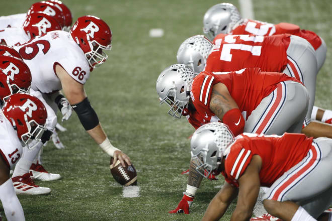 Ohio State Buckeyes defensive tackle Haskell Garrett (92) lines up across from Rutgers Scarlet Knights offensive lineman Nick Krimin (66) during the fourth quarter of the NCAA football game at Ohio Stadium in Columbus, Ohio on Saturday, Nov. 7, 2020. Ohio State won 49-27. Ohio State Buckeyes Football Faces The Rutgers Scarlet Knights