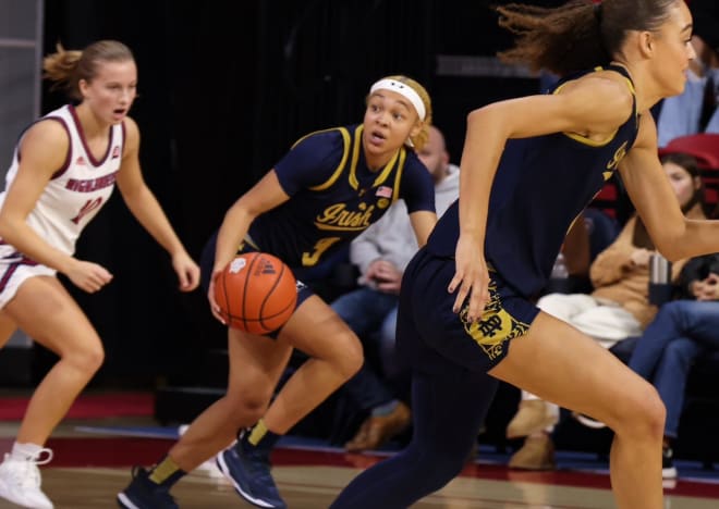 Notre Dame freshman Hannah Hidalgo (3) collects her 12th steal of the game, Saturday at NJIT, trying the single-game school record.