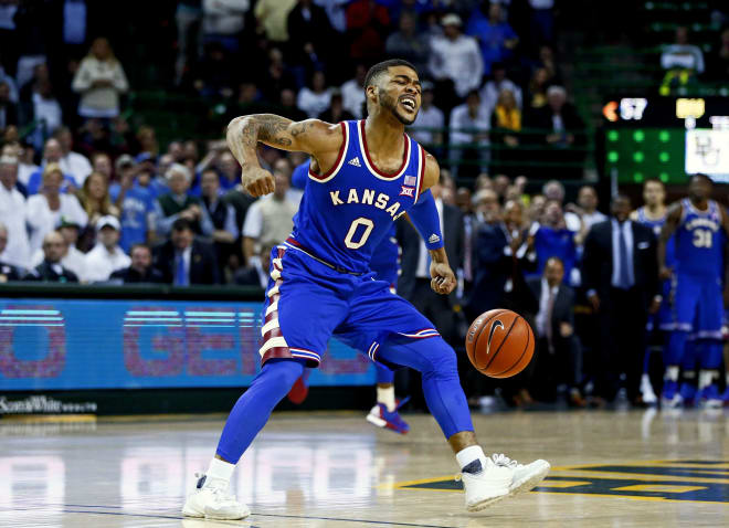 Frank Mason III celebrates in the second half of KU's victory over Baylor