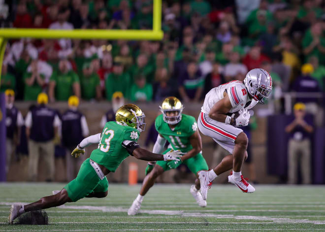 Ohio State's Emeka Egbuka converts a key third down against the Irish defense late in Notre Dame's 17-14 loss to Ohio State.