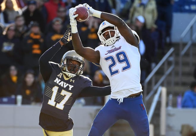Justin Hobbs catches a pass at Navy on November 12, 2016. TU lost that game, 42-40.