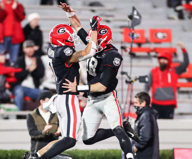 Jermaine Burton and JT Daniels celebrate during Georgia's win over Mississippi State in 2020. (Chamberlain Smith/UGA Sports Communications)