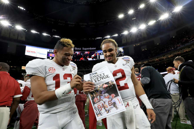 alen Hurts #2 of the Alabama Crimson Tide and Tua Tagovailoa #13 celebrate after winning the AllState Sugar Bowl against the Clemson Tigers at the Mercedes-Benz Superdome on January 1, 2018 in New Orleans, Louisiana. Photo | Getty Images 