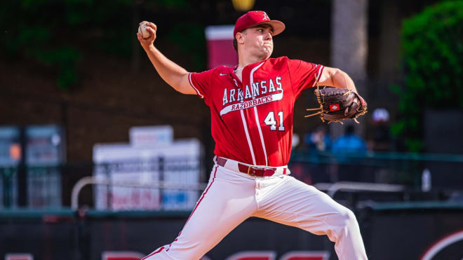 Arkansas pitcher Will McEntire throws during Friday's 7-3 loss to Georgia.